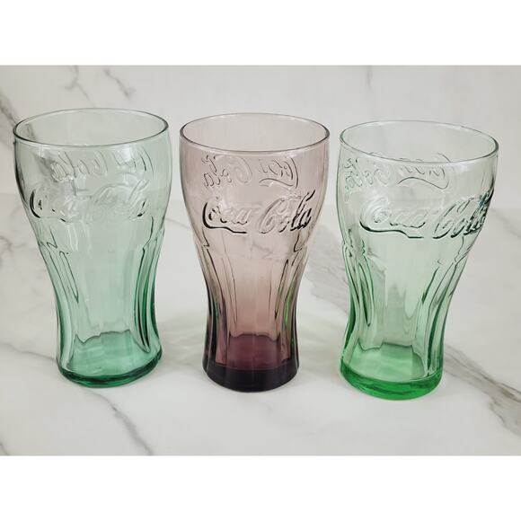 Coca Cola Libbey Drinking Glasses 16oz Embossed 6" Retro Glass Green Brown x3 - Picture 6 of 12